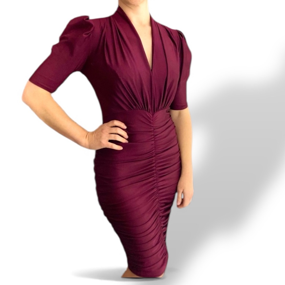 NWT Levya USA BRAND burgundy Bodycon Midi Dress with Puff Sleeves V-Neck S‎ M L